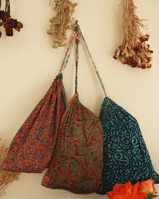 Upcycled Silk Sari Boho Indian Gift Bags Tote Bags Drawstring Small Bags Shop