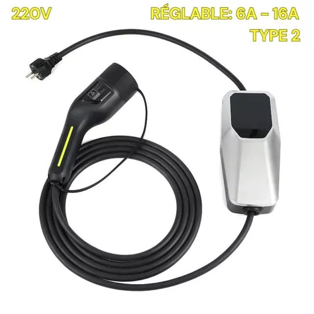  bokman Cable Recharge Voiture Electrique, Type 2 EV Portable  Chargeur 2 Pin IP67 Imperméable avec Écran, 3,6kW, 6-16A, 8 Mètres