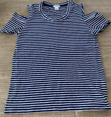Women's J Crew Mercantile Cutout Shoulder Top Shirt NAVY Blue White Striped XS