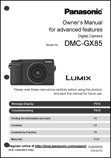Panasonic Lumix DMC-GX85 Advanced Camera User Guide Instruction Manual