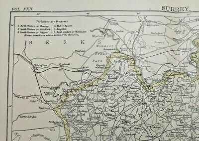 1894 Vintage SURREY, UK Atlas Map Old Authentic Antique Encyclopedia Britannica 2