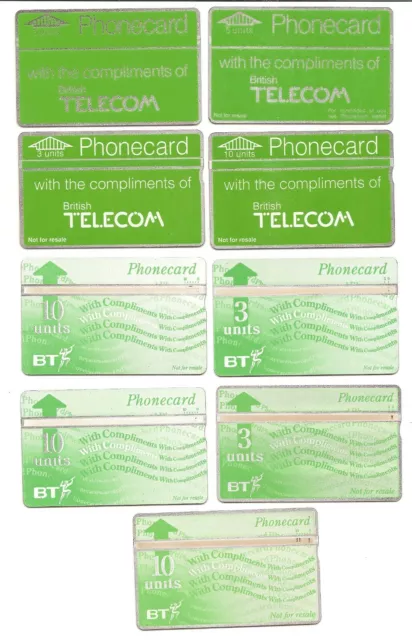 British Telecom BT 9x different used Complimentary optical Telephone Phone Cards