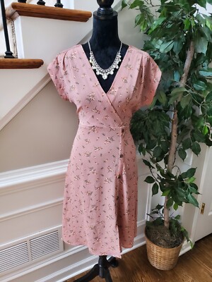 Monteau Women's Pink Floral Polyester V-Neck Short Sleeve Knee Length Dress S