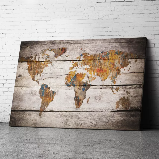 Large Framed Vintage Wood Effect Map Of World Canvas Prints Wall Art