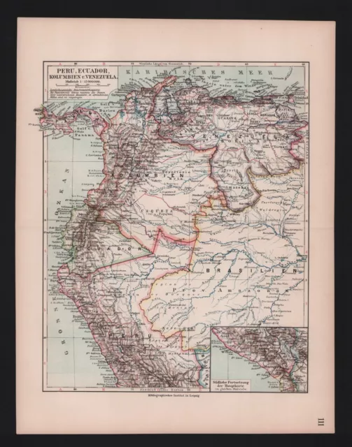 Landkarte map 1912: Peru, Ecuador, Kolumbien und Venezuela. Süd-Amerika