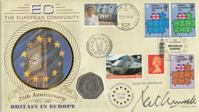(74972) GB / Belgium Benham 50p COIN PNC Cover NEIL KINNOCK SIGNED EU 25yrs 1998