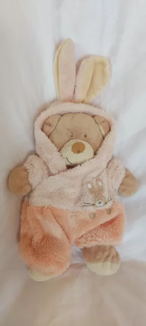Doudou peluche ours beige déguisé lapin rose NICOTOY TBÉ 25 cm