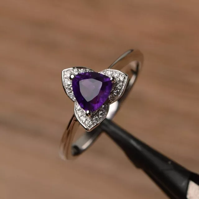 2Ct Trillion Cut Simulated Purple Amethyst Wedding Ring In 14k White Gold Plated