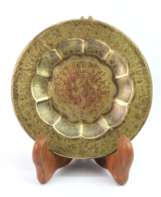 Vintage Beautiful Brass Peacock Inlay Work Engraved Wall Hanging Plate G26-61