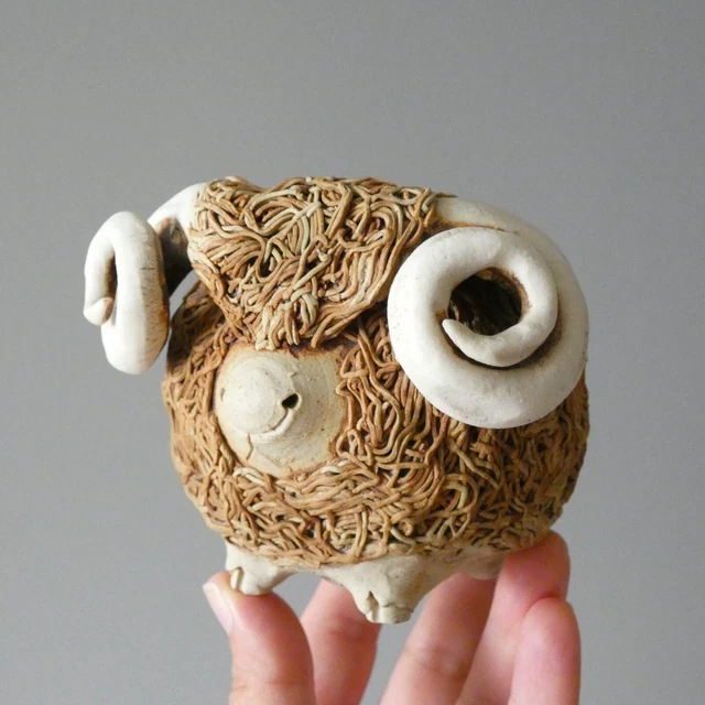 Vintage Woolly Horned Sheep Ornament Spaghetti Pottery Spring Ram Corp Signed