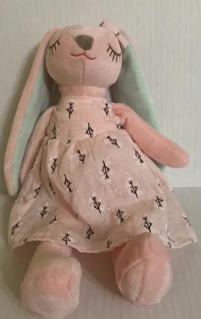 Bunny Rabbit 12" Plush long eared pink/teal soft stuffed animal in cute  dress
