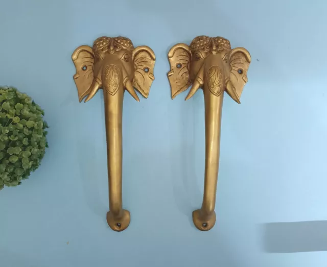 Handmade Decorative Door Handle Pair Ganesha Face Elephant Design Brass VR491