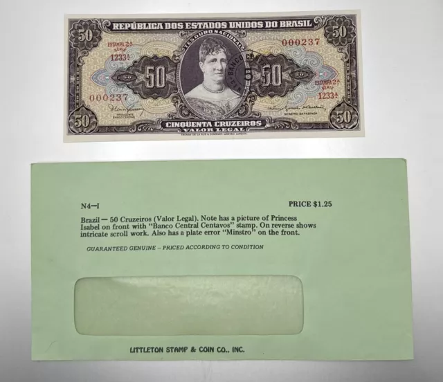 [#806103] Banknote, Brazil, 5 Centavos on 50 Cruzeiros, KM:184b, UNC. S/N 000237