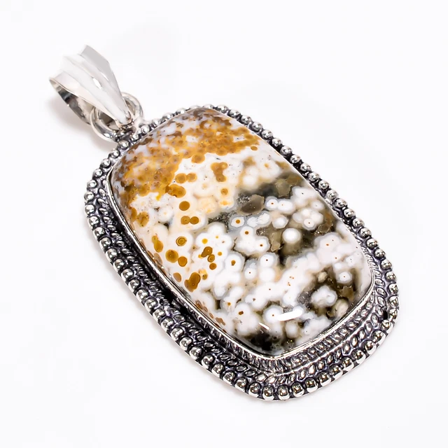 Ocean Jasper Vintage Style Handmade 925 Sterling Silver Pendant 1.8" GSR-3833