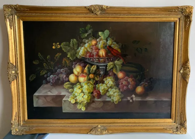 Ölgemälde Stillleben Obstschale Früchte Öl Leinwand Barockrahmen 104x74cm