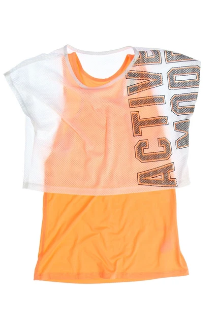 H&M Sport Top Layer Look Statement Stampa 164 bianco neon arancione