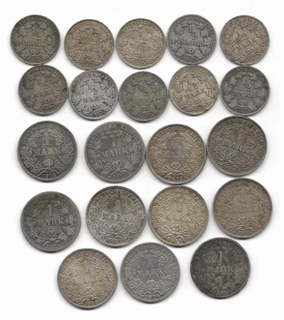 Kaiserreich Silber Münzen Lot 10 x 1/2 Mark und 11 x 1 Mark Stück