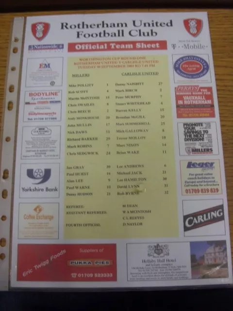 10/09/2002 Colour Teamsheet: Rotherham United v Carlisle United [Red Heading]. T