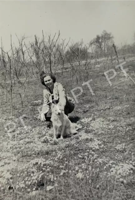 Antique Vintage Original Photo Pretty Young Woman & White Dog 1940s Cute Puppy