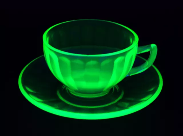 Vintage Federal Depression Glass Uranium Block Optic Cup & Saucer Set *Glows