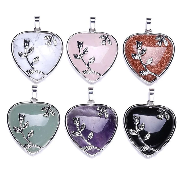 Natural Healing Crystal Heart Rose Flower Wire Wrapped Gemstone Pendant Necklace