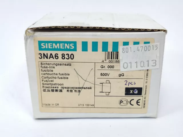 Siemens 3NA6830 Fusible NH000 100A 500V 2pcs 7