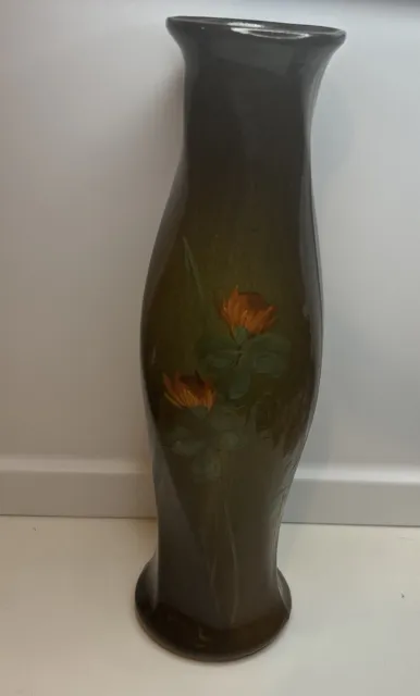 OWENS Ohio Art Pottery Vase Orange Floral marked OWENS 015 About 14 Inches Tall