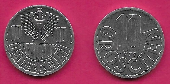 Austria 10 Groschen 1979 Unc Small Imperial Eagle With Austrian Shield On Br