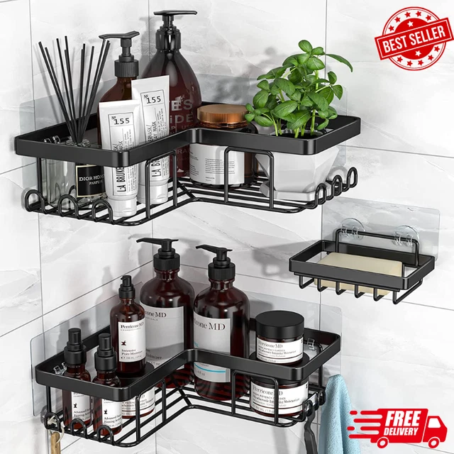 Corner Shower Caddy, 3-Pack Adhesive Shower Caddy with Soap Holder and 12 Hooks,