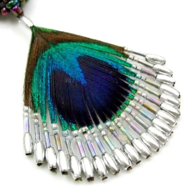 Hand Beaded Peacock Feather Pendant Beads Necklace Handmade Women Jewelry DA251