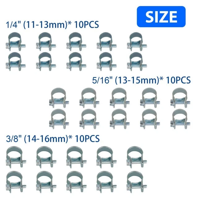 30Pcs / Kit 1/4 5/16 3/8 Fuel Injection Gas Line Hose Clamps Clip Pipe Clamps