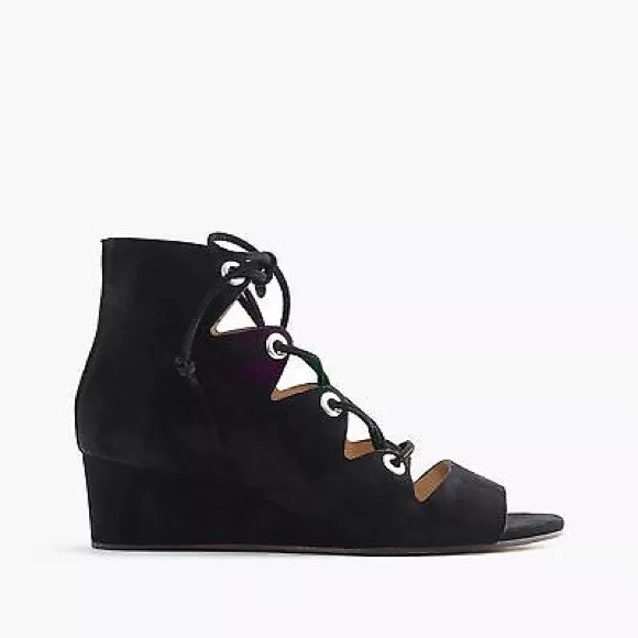 J.Crew Laila lace-up suede wedges black shoes 6 1/2 (6.5 or 6H) $198