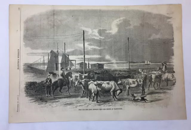 1861 magazine engraving~11x16 ~BEEF FOR THE ARMY Crossing Bridge At Washington