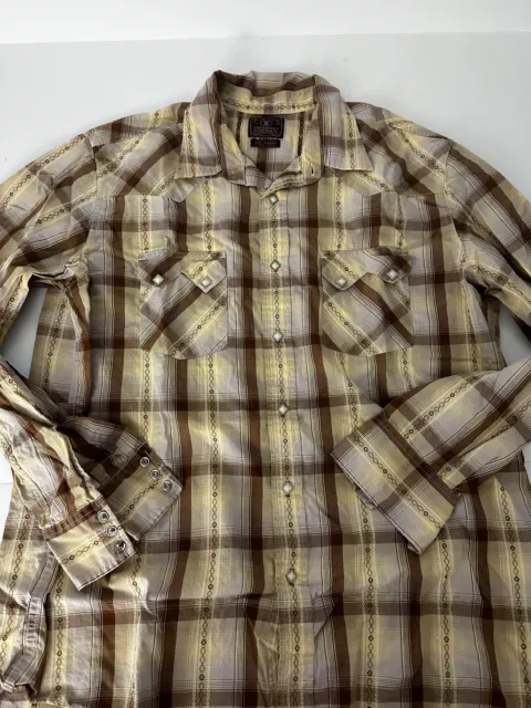 LUCKY BRAND brown cotton plaid Westeran snap long sleeve shirt Men's XXL