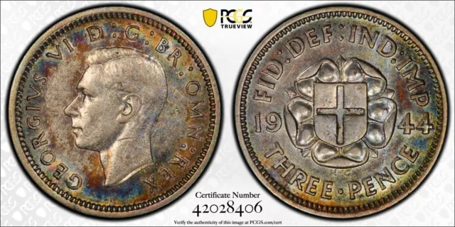 1944 Great Britain 3 Pence Silver Coin Pcgs Au-58 Km#848