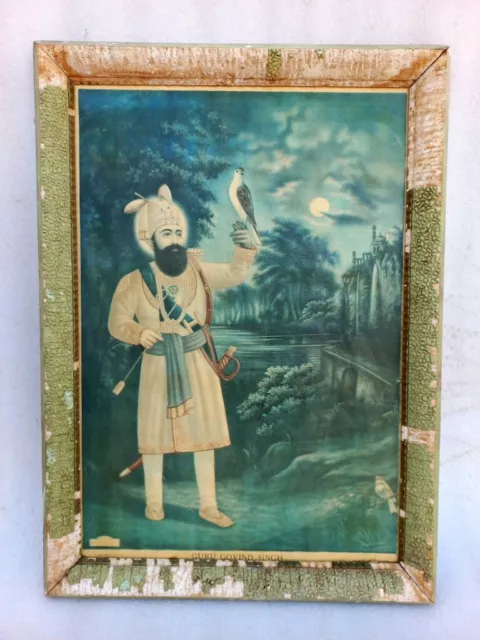 Antique Old Rare Hindu Sikh Guru Govind Singh Ji Priest Holy Worship Litho Print