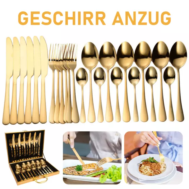 Edelstahl Rostfrei 24-tlg Besteck Set Essbesteck für 6 Peronen, Gold