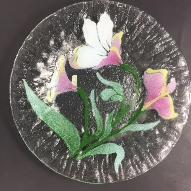 Sydenstricker Star Flower Fused Studio Art Glass Plate 8.5 Pink White Floral
