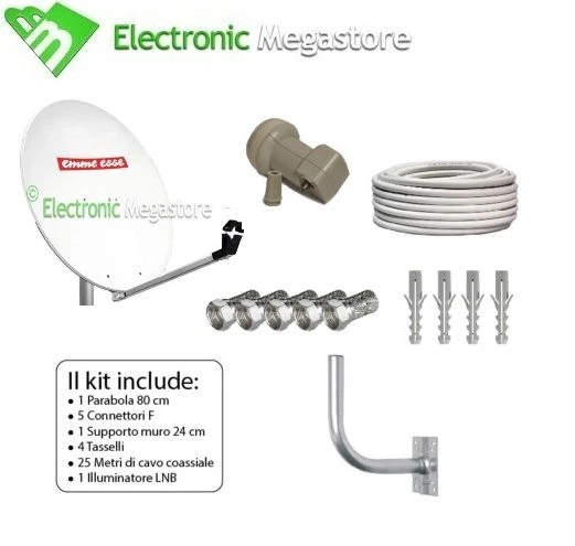 Kit Parabola Satellitare 80cm Completo | LNB Doppio Sat + Cavo + Finder + Staffa | Per TV Satellitare