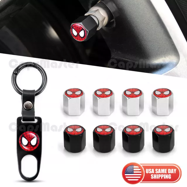 Universal Car Wheels Tire Valve Dust Stem Air Cap + Keychain With Cute Spiderman