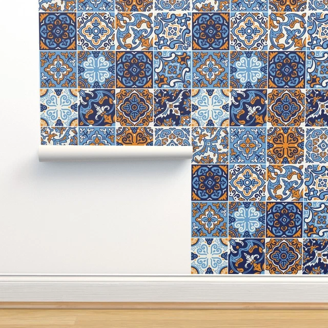 Removable Water-Activated Wallpaper Sea Spanish Tile Moroccan Mexican Ornament