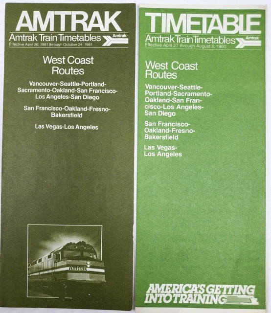 Amtrak West Coast Routes Lot 2 Timetable Cards Vintage 1980 1981 Railroad Train