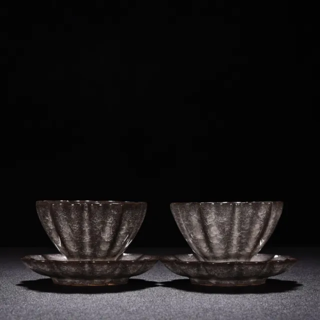 4.1" old antique song dynasty guan kiln porcelain a pair gray melon shaped cup