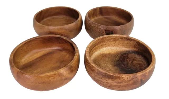 Vintage MCM Acacia Wood Small Bowl Hand Carved Wooden Kitchen Bowls Set of 4