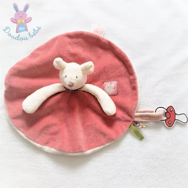 Doudou plat Souris rond rose blanc Myrtille et Capucine MOULIN ROTY (2 dispos)