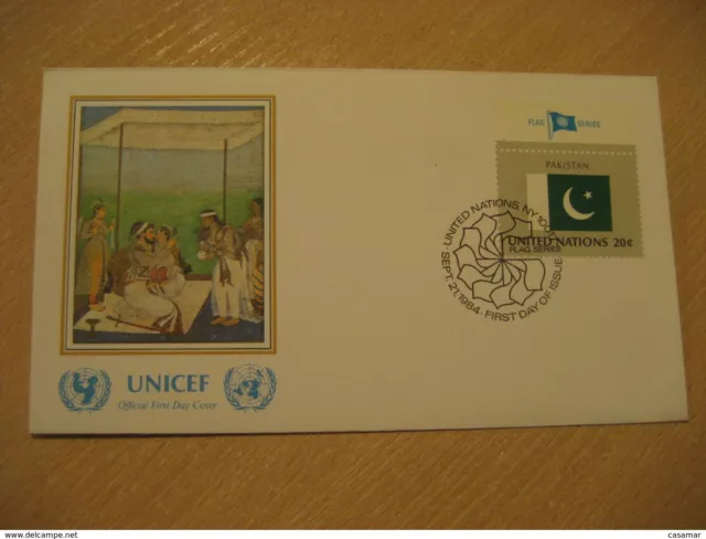 New York 1984 Unicef Flag Series Mughal Painting FDC Cancel Cover Pakistan Unite