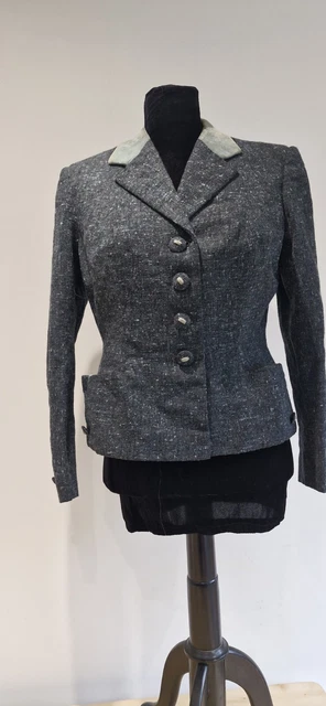 VINTAGE JACKET 1940s LADIES WOOL FLECK TWEED GREY BLUE TAILORED