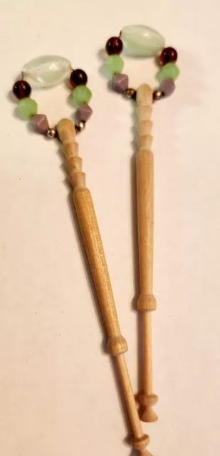 Set of 2 Carved Wood Spangled Lace Bobbins with Glass Beads