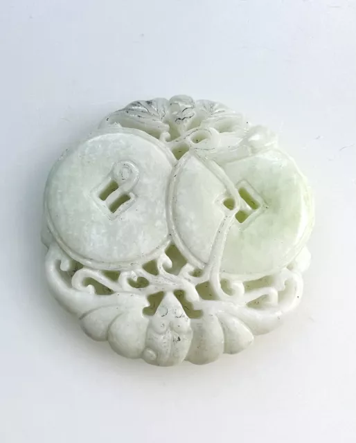 Vintage Chinese Handcarved White Green Apple Jade Bats Pendant 1.9"