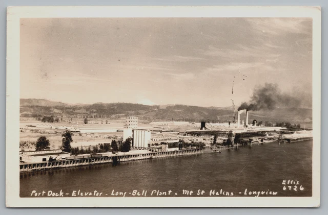Postcard RPPC Port Dock Elevator Long Bell Plant Mt St Helens Longview WA